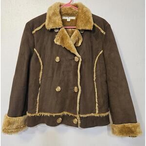 Y2K Tommy Hilfiger Faux Fur Lined Button Up Faux Suede Brown Pea Coat Women’s L